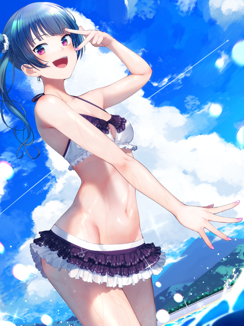 1girl :d absurdres arm_up bangs bare_arms beach bikini bikini_skirt blue_hair blue_sky blunt_bangs blush breasts cleavage cleavage_cutout clothing_cutout cloud frilled_bikini frills groin halterneck highres in_water long_hair looking_at_viewer love_live! love_live!_sunshine!! mountain nail_polish navel nishinomiya_suzu ocean open_mouth outdoors purple_eyes side_bun side_ponytail sky small_breasts smile solo sparkle swimsuit tsushima_yoshiko two-tone_bikini two-tone_swimsuit upper_teeth water wet wet_clothes wet_swimsuit