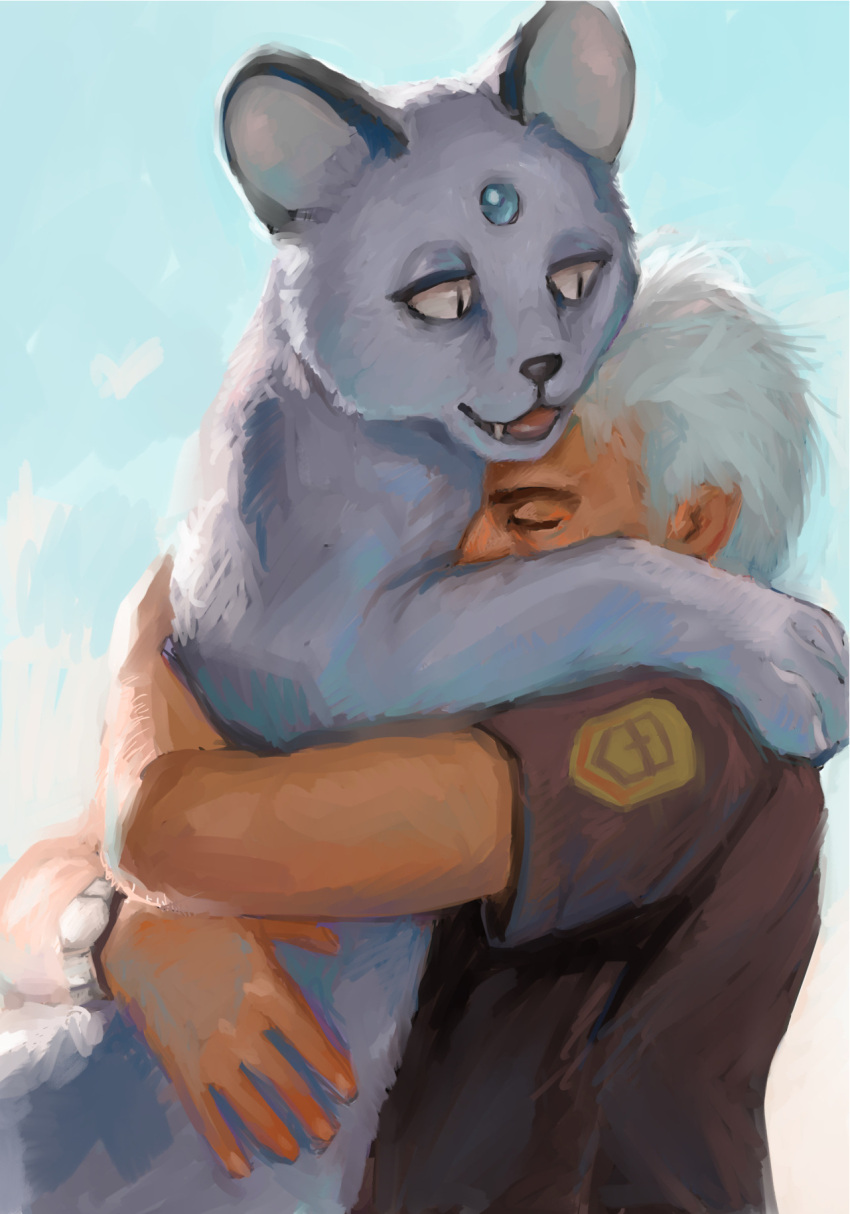 1boy alolan_form alolan_persian bracelet brown_jacket closed_eyes commentary_request from_side gen_7_pokemon grey_hair highres holding holding_pokemon hug jacket jewelry male_focus nanu_(pokemon) orino_(or1no) pokemon pokemon_(creature) pokemon_(game) pokemon_sm short_hair short_sleeves upper_body