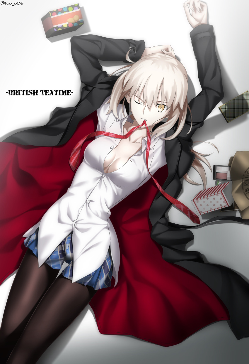 1girl absurdres arms_up artoria_pendragon_(fate) bangs black_jacket black_legwear blonde_hair blue_skirt breasts cleavage collarbone collared_shirt dress_shirt fate/grand_order fate/stay_night fate_(series) foo_(pixiv54892036) highres jacket long_hair long_sleeves looking_at_viewer low_ponytail lying medium_breasts on_back one_eye_closed open_clothes open_jacket pantyhose parted_lips saber_alter shirt sidelocks skirt thighs white_shirt yellow_eyes