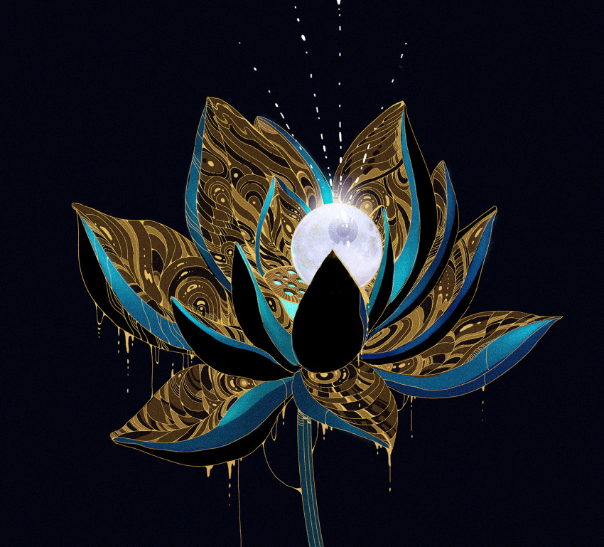 black_background commentary_request dripping eye_focus eyeball flower glowing gold highres houseki_no_kuni ko_ryou liquid_metal lotus no_humans phosphophyllite_(ll)