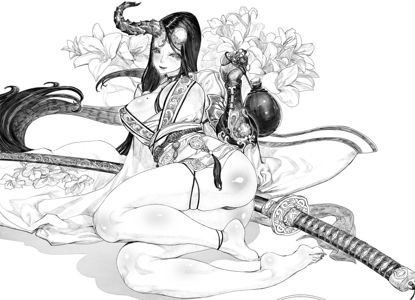 1girl anklet ass barefoot breasts broken_horn flower gauntlets greyscale hatching_(texture) highres horns japanese_clothes jeffr jewelry large_breasts legs monochrome ootachi original scabbard sheath sheathed single_horn solo sword weapon white_background