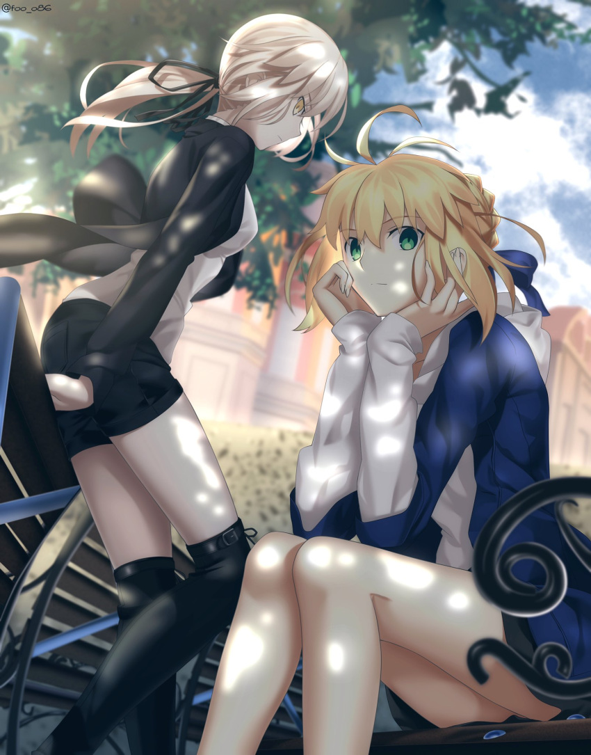 2girls ahoge artoria_pendragon_(fate) bangs bench black_camisole black_footwear black_jacket black_ribbon black_shorts blonde_hair blue_jacket blue_ribbon boots braid breasts camisole cleavage collarbone fate/grand_order fate_(series) foo_(pixiv54892036) french_braid green_eyes hair_bun hair_ribbon highres hood hooded_sweater jacket jet_black_king_of_knights_ver._shinjuku_1999 jewelry long_hair long_sleeves looking_at_viewer low_ponytail multiple_girls necklace open_clothes open_jacket ribbon saber saber_alter short_shorts shorts sidelocks sitting small_breasts sweater thighs white_sweater yellow_eyes