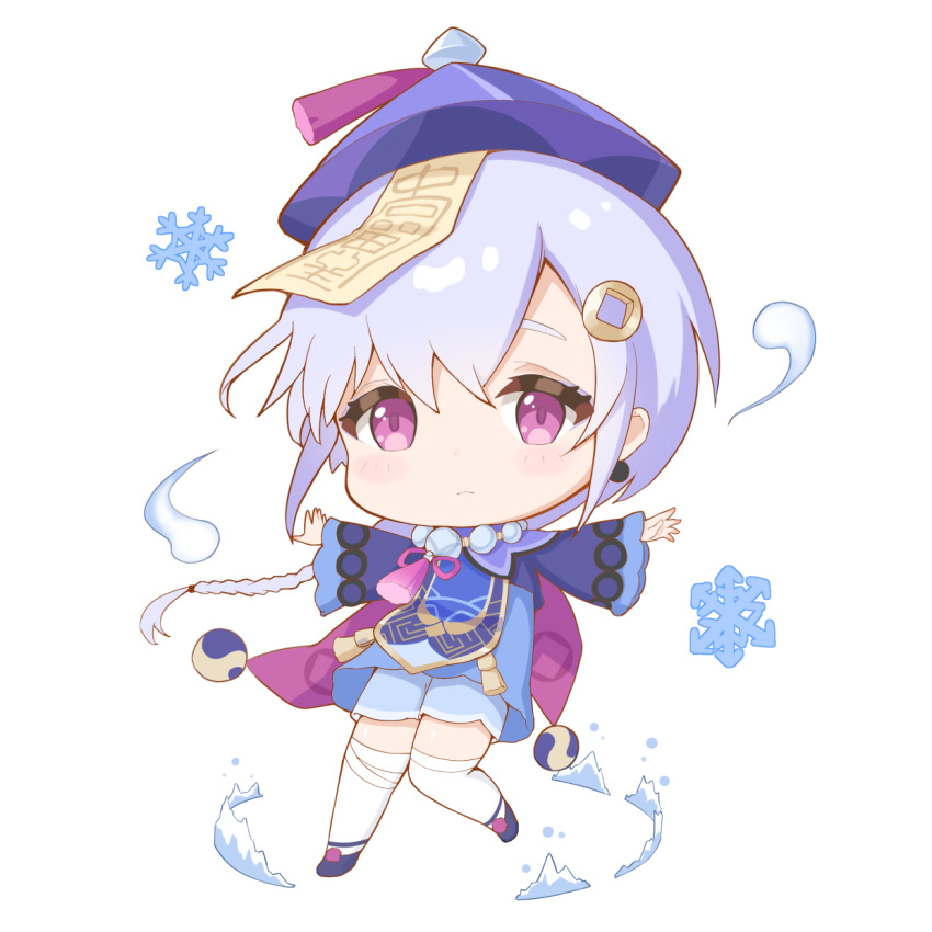1girl bandaged_leg bandages bangs braid cape chibi chinese_clothes coin_hair_ornament commentary_request earrings eyebrows_visible_through_hair full_body genshin_impact hair_between_eyes hat highres jewelry jiangshi long_hair long_sleeves looking_at_viewer low_ponytail ofuda orb outstretched_arms purple_eyes purple_hair qing_guanmao qiqi_(genshin_impact) shoes shorts sidelocks simple_background single_braid solo spread_arms standing standing_on_one_leg white_legwear yin_yang yin_yang_orb yuetsu zen