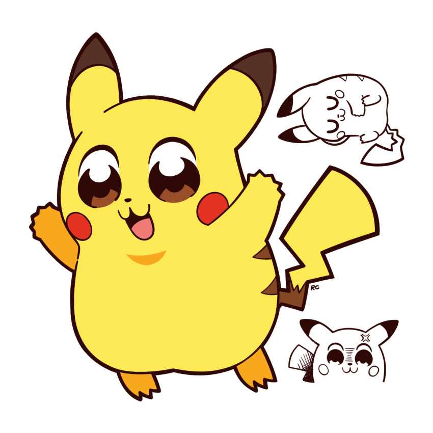 :3 :d anger_vein artsy-rc bkub_(style) gen_1_pokemon hands_up highres jumping multiple_views no_humans open_mouth pikachu pokemon pokemon_(creature) simple_background sleeping smile u_u white_background