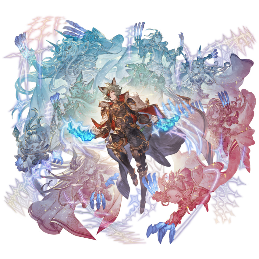 5boys 5girls alternate_weapon animal_ears armor black_pants cape claw_(weapon) draph erune esser facial_hair funf gloves glowing granblue_fantasy harvin hood horns long_hair long_sleeves looking_at_viewer mask mask_over_one_eye minaba_hideo multiple_boys multiple_girls mustache nio_(granblue_fantasy) official_art okto pants pointy_ears quatre_(granblue_fantasy) siete six_(granblue_fantasy) song_(granblue_fantasy) space star_(sky) thalatha_(granblue_fantasy) transparent_background uno_(granblue_fantasy) very_long_hair weapon white_gloves