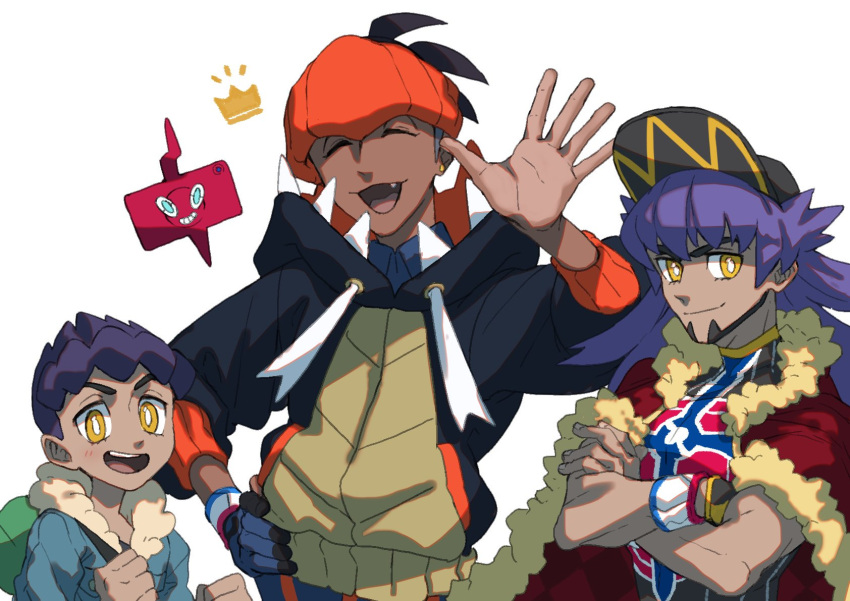 3boys :d bag baseball_cap black_hair black_hoodie blue_jacket blush bright_pupils cape champion_uniform closed_eyes closed_mouth collared_shirt crossed_arms dark-skinned_male dark_skin duffel_bag dynamax_band earrings facial_hair fangs fur-trimmed_cape fur-trimmed_jacket fur_trim gen_4_pokemon gloves green_bag hand_on_hip hand_up hat highres hood hoodie hop_(pokemon) jacket jewelry komame_(st_beans) leon_(pokemon) long_hair looking_at_viewer male_focus multiple_boys open_mouth orange_headwear partially_fingerless_gloves pokemon pokemon_(creature) pokemon_(game) pokemon_swsh purple_hair raihan_(pokemon) red_cape rotom rotom_phone shield_print shirt short_hair simple_background single_glove smile sword_print symbol-only_commentary tongue undercut white_background white_pupils yellow_eyes