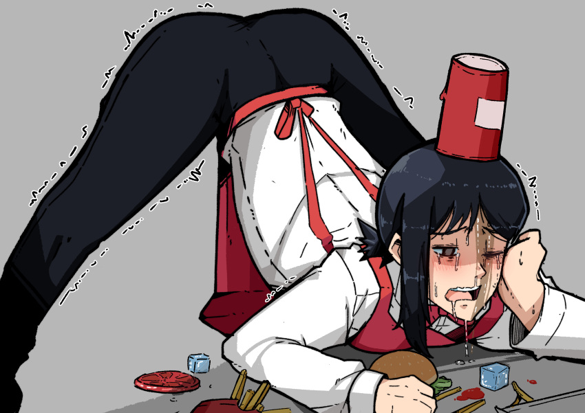 1girl absurdres apron bangs black_hair black_pants bow bowtie brown_eyes burger business_suit chainsaw_man collared_shirt crying cup disposable_cup food formal french_fries grey_background hand_on_own_cheek hand_on_own_face higashiyama_kobeni highres ice ice_cube jack-o'_challenge mark_gavatino mole mole_under_eye nervous office_lady one_eye_closed pants pose red_neckwear ringed_eyes shirt shirt_tucked_in short_hair short_ponytail simple_background solo spill suit top-down_bottom-up trembling wet white_shirt