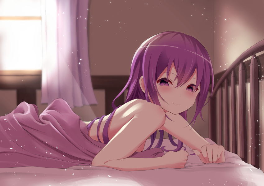 bed blush gochuumon_wa_usagi_desu_ka? long_hair polychromatic purple_eyes purple_hair tedeza_rize topless tyururururu