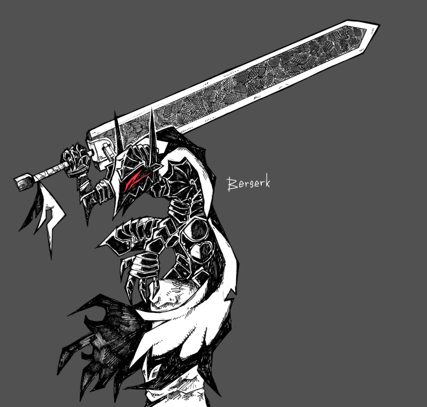 1boy armor berserk berserker_armor breastplate clawed_gauntlets cloak dragonslayer_(sword) full_armor gauntlets greaves guts_(berserk) helmet holding holding_sword holding_weapon huge_weapon limited_palette pauldrons plate_armor setz shoulder_armor solo spot_color sword two-handed_sword weapon