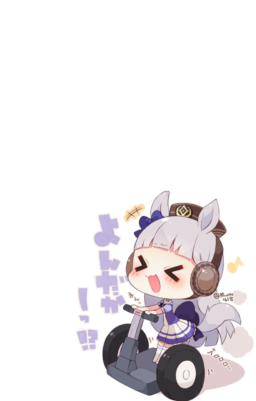 &gt;_&lt; +++ 1girl :d animal_ears bangs brown_headwear chibi closed_eyes ear_covers eighth_note eyebrows_visible_through_hair gold_ship_(umamusume) highres horse_ears horse_girl horse_tail long_hair musical_note muuran no_shoes open_mouth pleated_skirt puffy_short_sleeves puffy_sleeves purple_shirt school_uniform segway shadow shirt short_sleeves skirt smile smoke solo standing tail thighhighs tracen_school_uniform translation_request umamusume very_long_hair white_background white_legwear white_skirt xd