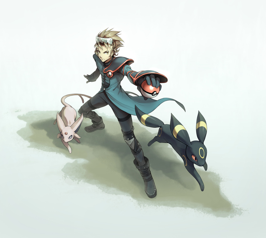 1boy aqua_coat bangs blonde_hair boots closed_mouth coat commentary espeon gen_2_pokemon gloves grey_footwear grey_pants highres holding holding_poke_ball kazuko_(towa) legs_apart looking_to_the_side male_focus outstretched_arm pants poke_ball pokemon pokemon_(creature) pokemon_(game) pokemon_colosseum short_hair shoulder_pads spiked_hair standing umbreon visor wes_(pokemon) yellow_eyes
