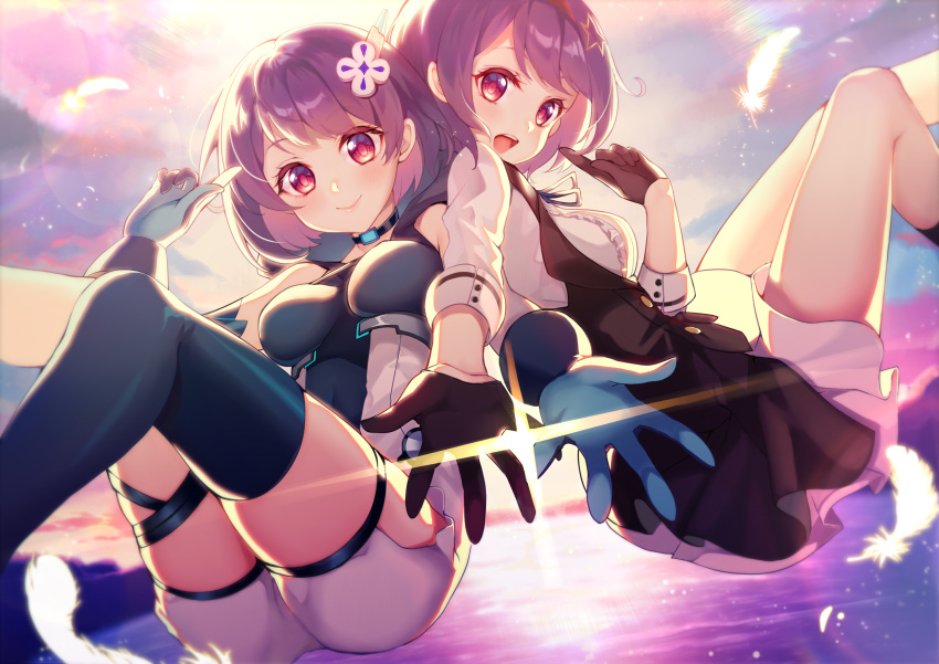 2girls :d absurdres backlighting bangs bare_shoulders black_choker black_gloves black_skirt blue_gloves blue_legwear blush breasts character_request choker closed_mouth commentary_request feathers frills girl_cafe_gun gloves hair_ornament hasu_(velicia) highres index_finger_raised lens_flare long_sleeves looking_at_viewer medium_breasts multiple_girls open_mouth outdoors outstretched_arm purple_hair red_eyes short_hair shorts single_thighhigh skirt smile star_(symbol) star_hair_ornament sunlight thighhighs water white_shorts