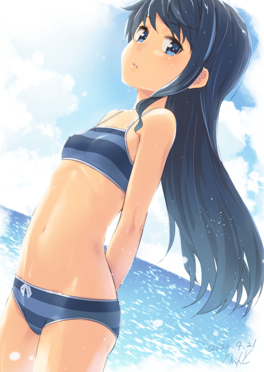 1girl alice_gear_aegis arms_behind_back beach bikini blue_eyes blue_hair blue_sky blue_swimsuit breasts closed_mouth errant highres koashi_mutsumi long_hair looking_at_viewer navel ocean sky small_breasts striped striped_bikini swimsuit