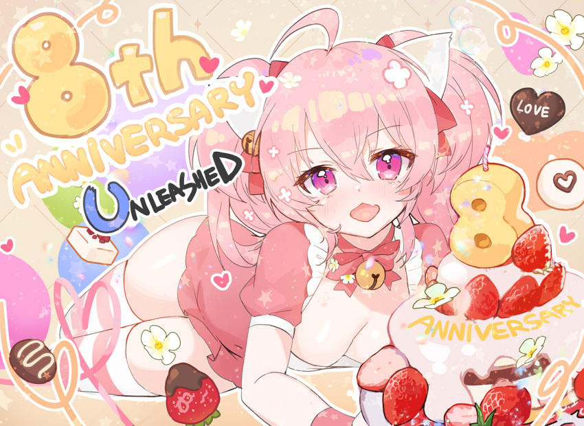 animal_ears applecaramel_(acaramel) bell blush bow breasts cake cat_smile catgirl chocolate choker cleavage fang flowers food fruit pink_hair purple_eyes strawberry thighhighs twintails unleashed wristwear zettai_ryouiki