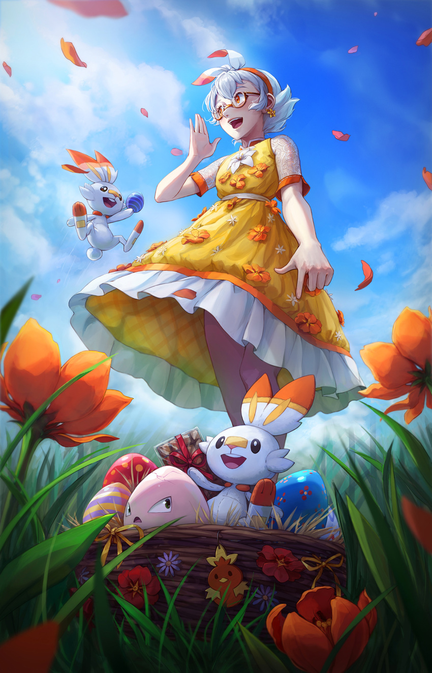 1girl bangs basket blush box cloud commentary day dress earrings egg exeggcute flower frills from_below gen_1_pokemon gen_8_pokemon gift gift_box glasses grass hairband hand_up highres holding jewelry kazuko_(towa) open_mouth orange_flower outdoors petals pokemon pokemon_(creature) scorbunny short_hair short_sleeves sky smile spring_(season) standing straw_(stalk) tongue upper_teeth white_hair yellow_dress