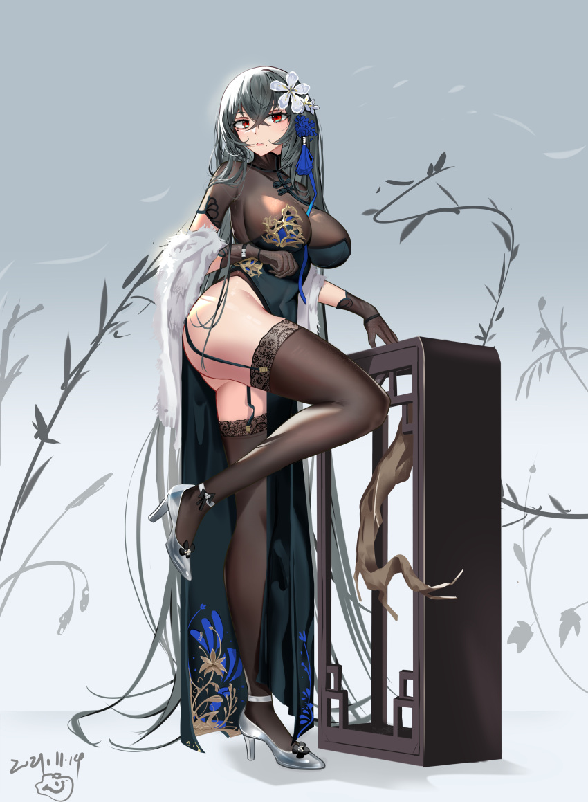 1girl absurdly_long_hair absurdres ass azur_lane black_dress black_garter_straps breasts brown_legwear china_dress chinese_clothes cleavage dated dress elbow_gloves feather_boa fishnet_gloves fishnets flower from_side full_body garter_straps gloves grey_hair hair_between_eyes hair_flower hair_ornament high_heels highres lace-trimmed_legwear lace_trim large_breasts leg_up long_hair looking_at_viewer mole mole_under_eye official_alternate_costume red_eyes sabou_san-shitsu_kokoro saint-louis_(alluring_administrator)_(azur_lane) saint-louis_(azur_lane) see-through see-through_legwear sheer_gloves shoes short_sleeves simple_background solo standing standing_on_one_leg thighs very_long_hair white_flower white_footwear