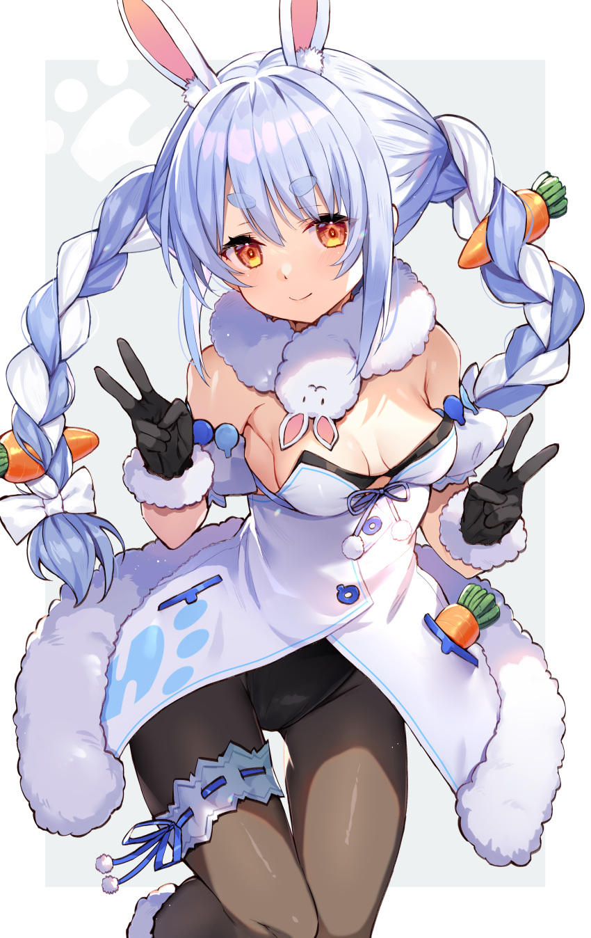 1girl absurdres abusoru animal_ear_fluff animal_ears bangs bare_shoulders black_gloves black_legwear black_leotard blue_hair braid breasts carrot carrot_hair_ornament cleavage double_v dress eyebrows_visible_through_hair food-themed_hair_ornament gloves hair_between_eyes hair_ornament highres hololive leotard leotard_under_clothes long_hair looking_at_viewer multicolored_hair orange_eyes pantyhose rabbit_ears rabbit_girl simple_background small_breasts smile solo standing thick_eyebrows thigh_strap twin_braids twintails two-tone_hair usada_pekora v virtual_youtuber white_background white_dress white_hair