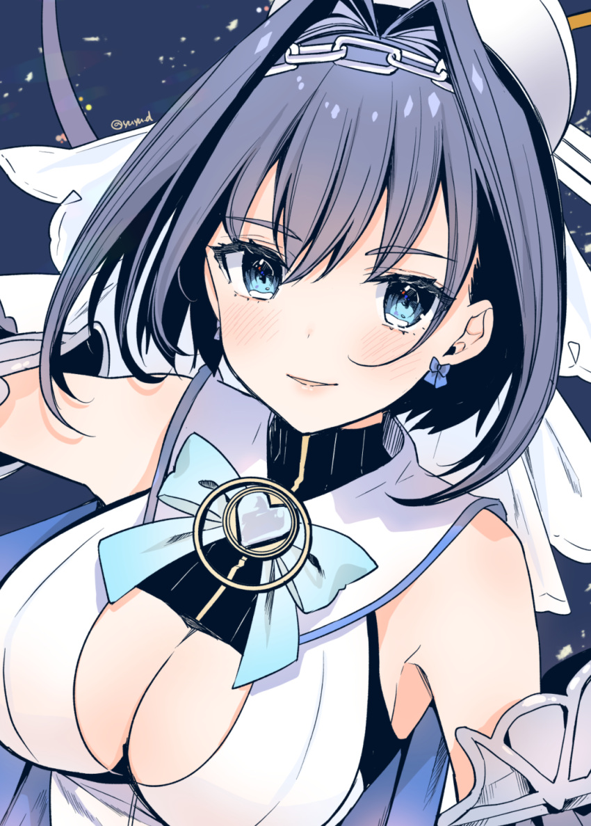 1girl bangs blue_eyes blush breasts cleavage_cutout closed_mouth clothing_cutout earrings eyebrows_visible_through_hair highres hololive hololive_english jewelry large_breasts looking_at_viewer ouro_kronii purple_hair short_hair smile solo symbol-only_commentary twitter_username upper_body virtual_youtuber yu_yu