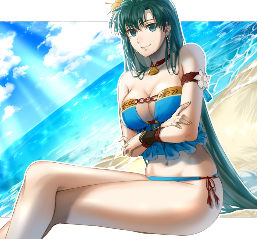 1girl alternate_costume alternate_hairstyle armlet bangs beach bikini blue_bikini blue_sky blue_swimsuit breasts cleavage closed_mouth cloud commentary_request crossed_arms crossed_legs day delsaber eyebrows_visible_through_hair fingernails fire_emblem fire_emblem:_the_blazing_blade fire_emblem_heroes flower frilled_bikini frills green_eyes green_hair hair_between_eyes hair_down hair_flower hair_ornament jewelry lips long_hair looking_at_viewer lyn_(fire_emblem) medium_breasts navel necklace ocean official_alternate_costume pink_lips sand sitting sky smile solo sunlight swimsuit very_long_hair water white_flower yellow_flower