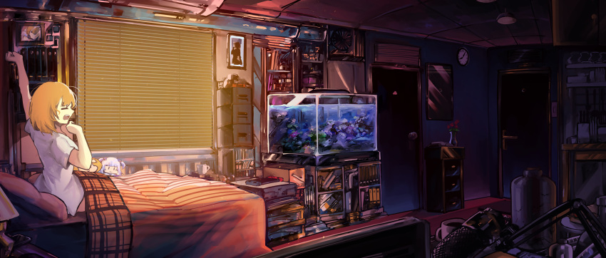 1girl absurdres bed blinds blonde_hair cabinet character_doll clock coffee_mug cup door fish_tank gawr_gura highres hololive hololive_english indoors medium_hair microphone mug nintendo_switch on_bed open_mouth portrait_(object) room solo stretch virtual_youtuber vyragami walfie_(style) wall_clock watson_amelia yawning