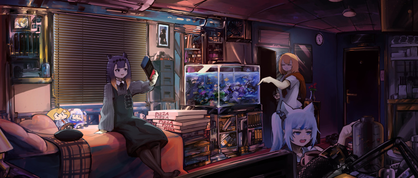 3girls :d absurdres animal_ears bed black_legwear blinds blonde_hair bottle bug cabinet cat_ears character_doll clock closed_eyes coffee_mug cup door fang fish_tank gawr_gura headpiece heart heart_pillow highres hololive hololive_english indoors insect long_hair long_sleeves medium_hair microphone mole mole_under_eye mug multiple_girls ninomae_ina'nis nintendo_switch on_bed open_mouth opening_door pillow pizza_box portrait purple_hair room sharp_teeth side_ponytail sitting sitting_on_bed smile teeth tentacle_hair virtual_youtuber vyragami walfie_(style) wall_clock watson_amelia white_hair