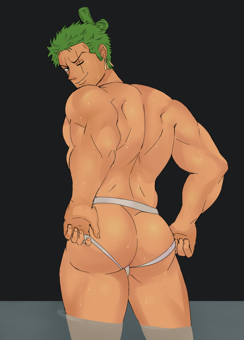 1boy absurdres back bara derivative_work highres jockstrap looking_at_viewer male_focus male_underwear male_underwear_pull muscular muscular_male one_piece pectorals pulled_by_self redbeanpancake reference_work roronoa_zoro scar scar_across_eye self_upload smile solo sweat underwear underwear_only white_male_underwear