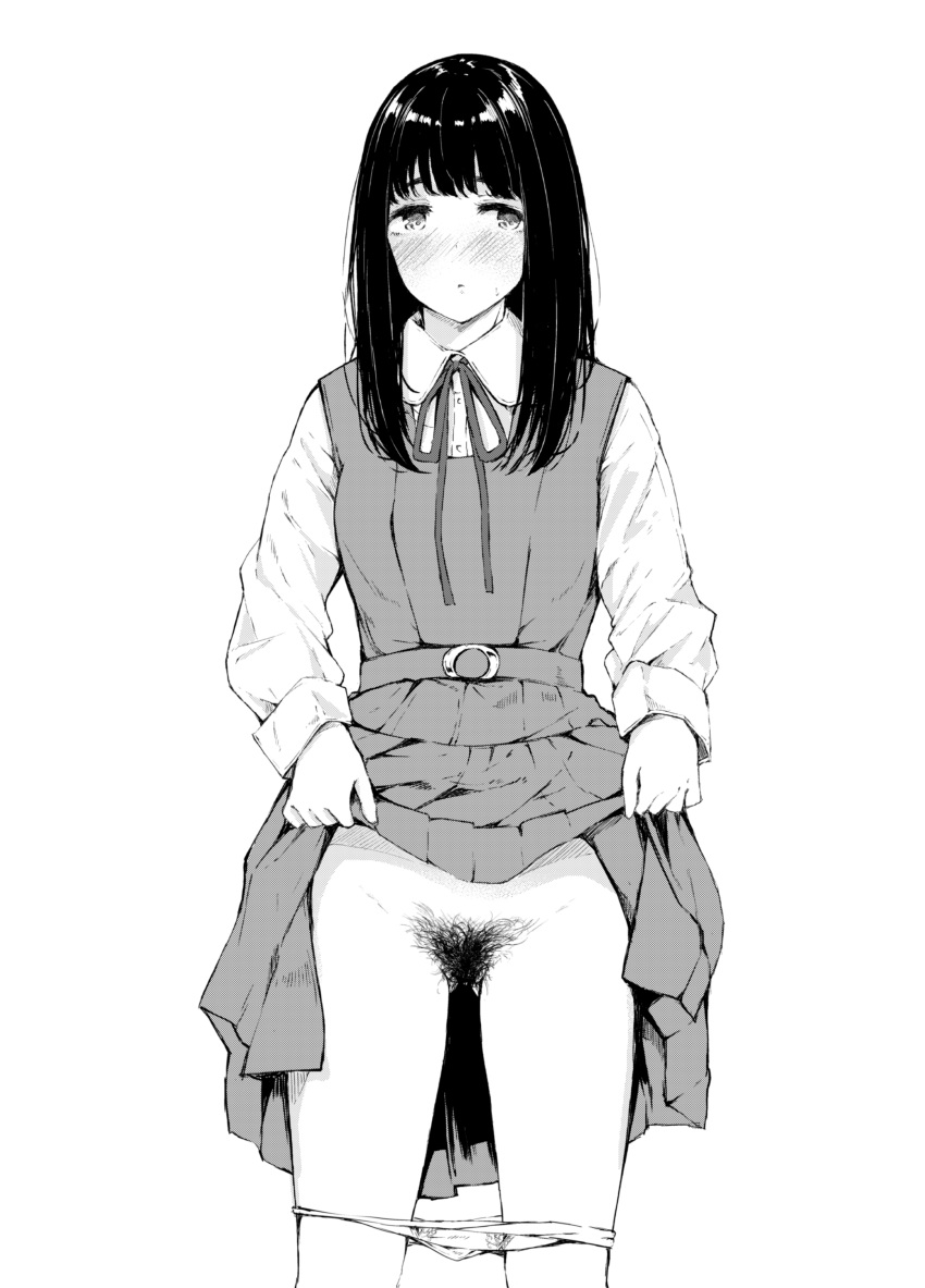 1girl absurdres bangs belt black_hair blouse blush buttons clothes_lift collared_blouse dress dress_lift flat_(joppin_karu!) greyscale highres long_hair looking_to_the_side monochrome original panties panty_pull pubic_hair pussy ribbon simple_background solo underwear white_background
