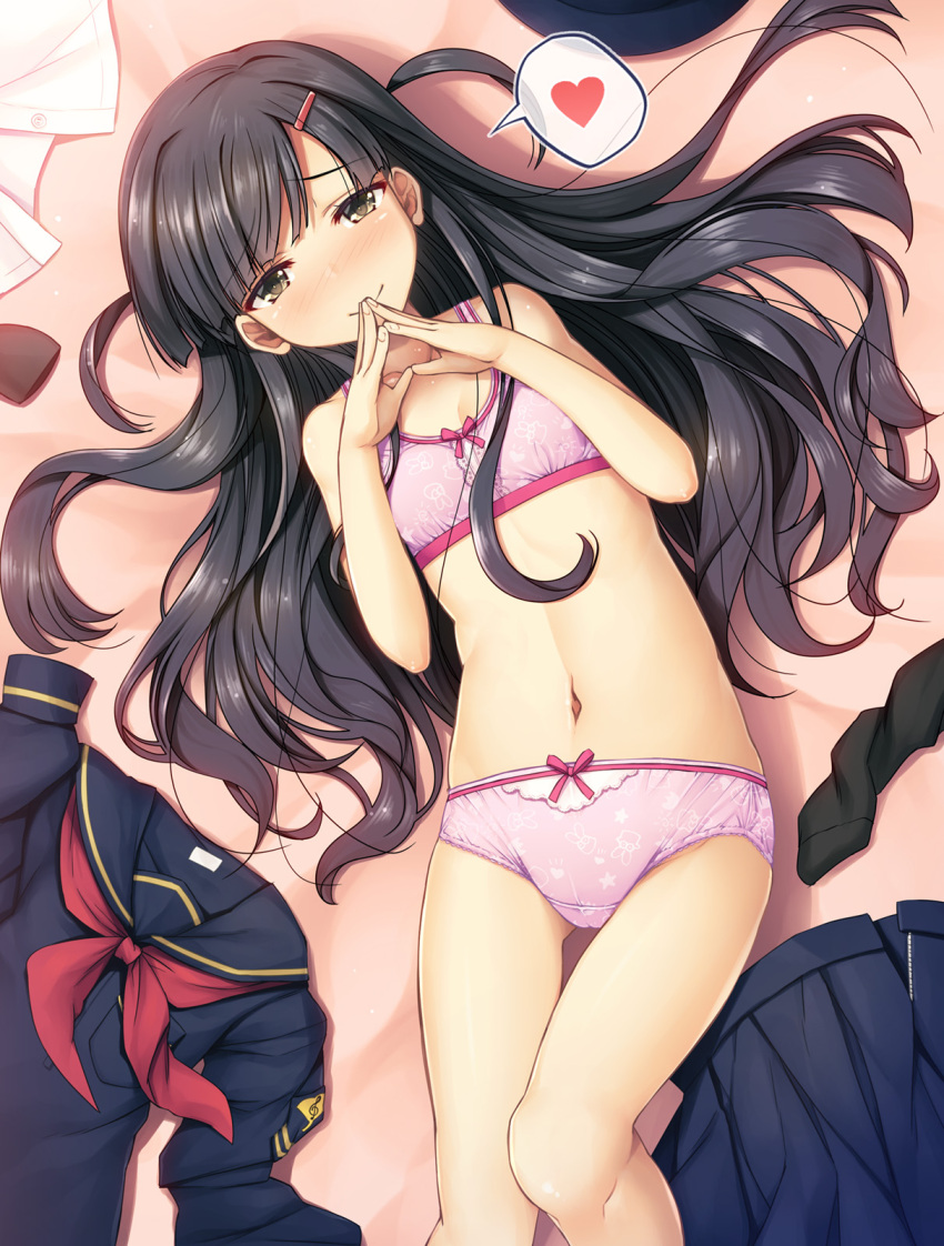 1girl bangs bare_arms bare_shoulders black_hair blush bra chima_q clothes_removed commentary_request eyebrows_visible_through_hair flat_chest from_above hair_ornament hair_spread_out hairclip hand_to_own_mouth heart highres long_hair looking_at_viewer looking_up lying navel on_back original panties pink_bra pink_panties school_uniform shirt_removed skirt skirt_removed smile solo spoken_heart steepled_fingers thigh_gap underwear underwear_only yellow_eyes