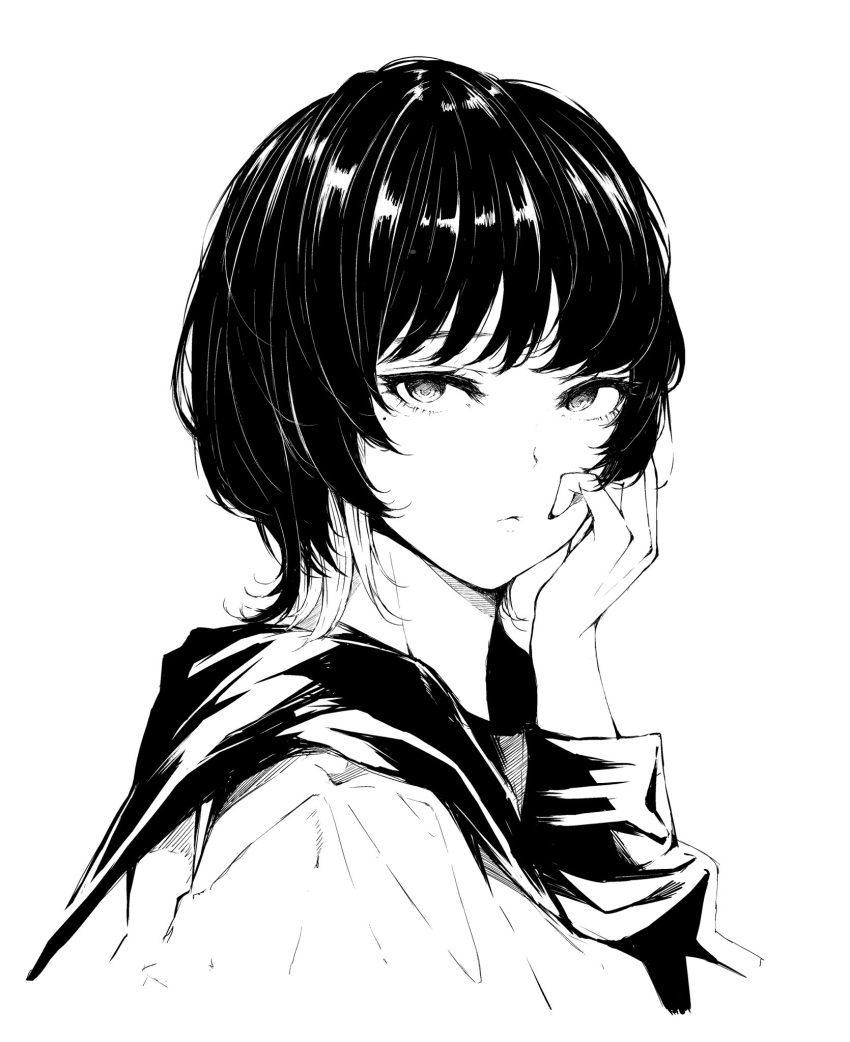 1girl closed_mouth eyelashes fingernails flat_(joppin_karu!) greyscale hatching_(texture) highres long_eyelashes looking_at_viewer medium_hair mole mole_under_eye monochrome original simple_background solo uniform upper_body white_background