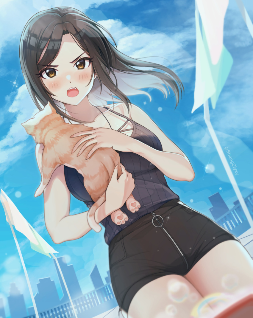 1girl absurdres animal animal_hands bare_arms bare_shoulders black_shorts blue_sky blush breasts brown_eyes brown_hair camisole cat cityscape collarbone cow day dutch_angle heart highres holding holding_animal holding_cat idolmaster idolmaster_cinderella_girls long_hair medium_breasts mukai_takumi open_mouth outdoors rooftop shangzi short_shorts shorts sky sleeveless sparkle symbol-only_commentary twitter_username v-shaped_eyebrows wind zipper zipper_pull_tab