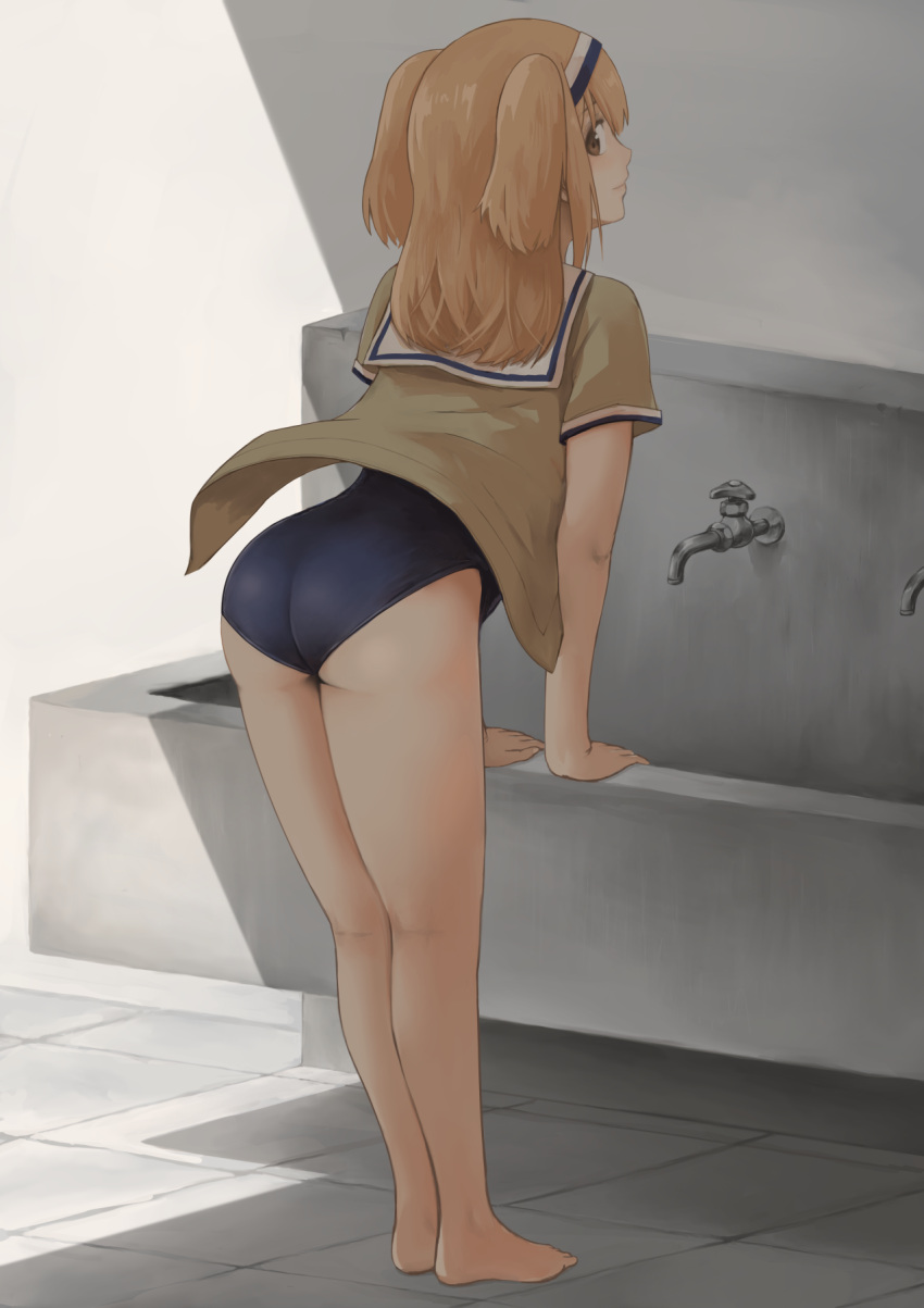 1girl ass blue_swimsuit brown_jacket hairband highres i-26_(kancolle) jacket kantai_collection light_brown_eyes light_brown_hair long_hair miyasutou new_school_swimsuit one-piece_swimsuit sailor_collar school_swimsuit short_sleeves solo standing swimsuit swimsuit_under_clothes two-tone_hairband two_side_up