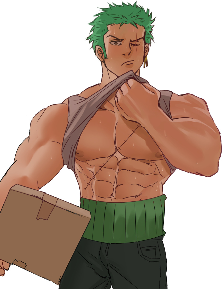 1boy absurdres bara bare_pectorals blush clothes_lift derivative_work green_tank_top highres large_pectorals lifted_by_self long_sideburns male_focus muscular muscular_male nipples one_piece pectoral_focus pectorals redbeanpancake reference_work roronoa_zoro scar scar_across_eye self_upload shirt_lift sideburns solo sweat tank_top