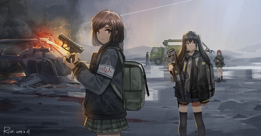 4girls aircraft armband artist_name assault_rifle backpack bag burning crash_landing dated ground_vehicle gun handgun helicopter hood hoodie jacket long_hair military motor_vehicle multiple_girls original pleated_skirt puddle rico_ebr rifle short_hair sig_sauer_p228 skirt thighhighs trigger_discipline truck twintails weapon weapon_request