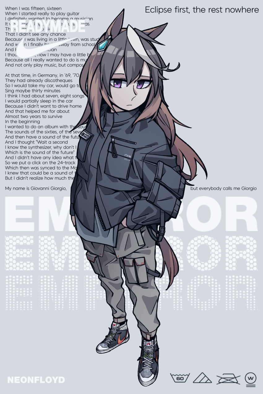 1girl absurdres alternate_costume animal_ears black_hair brown_hair cargo_pants character_name commentary daft_punk earrings english_commentary english_text grey_background highres horse_ears horse_girl horse_tail iron jewelry long_hair multicolored_hair nike pants parka purple_eyes readymade shoes signature single_earring sneakers solo symboli_rudolf_(umamusume) tail text_focus umamusume waffle_drink white_hair