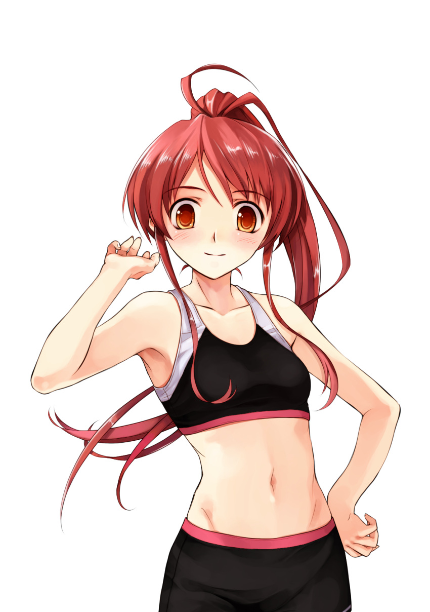 1girl armpits bangs black_bra black_shorts blush bra breasts closed_mouth collarbone eyebrows_visible_through_hair floating_hair game_cg groin hand_on_hip high_ponytail highres long_hair looking_at_viewer misaki_kurehito miyamae_tomoka navel official_art orange_eyes red_hair shiny shiny_hair shorts small_breasts smile smile_cubic! solo sports_bra standing tachi-e transparent_background underwear very_long_hair