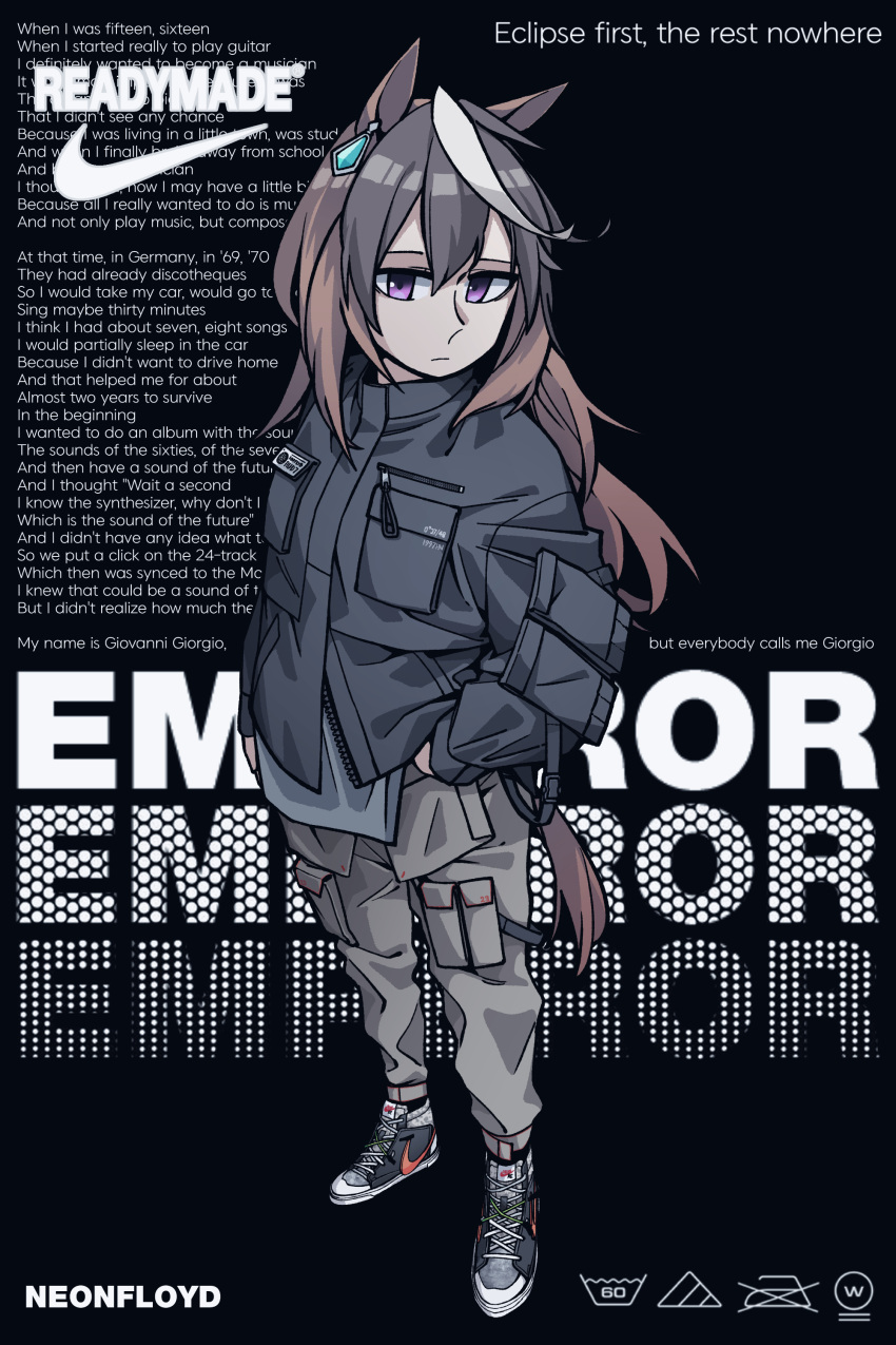 1girl absurdres alternate_costume animal_ears black_background black_hair brown_hair cargo_pants character_name commentary daft_punk earrings english_commentary english_text highres horse_ears horse_girl horse_tail iron jewelry long_hair multicolored_hair nike pants parka purple_eyes readymade shoes signature single_earring sneakers solo symboli_rudolf_(umamusume) tail text_focus umamusume waffle_drink white_hair