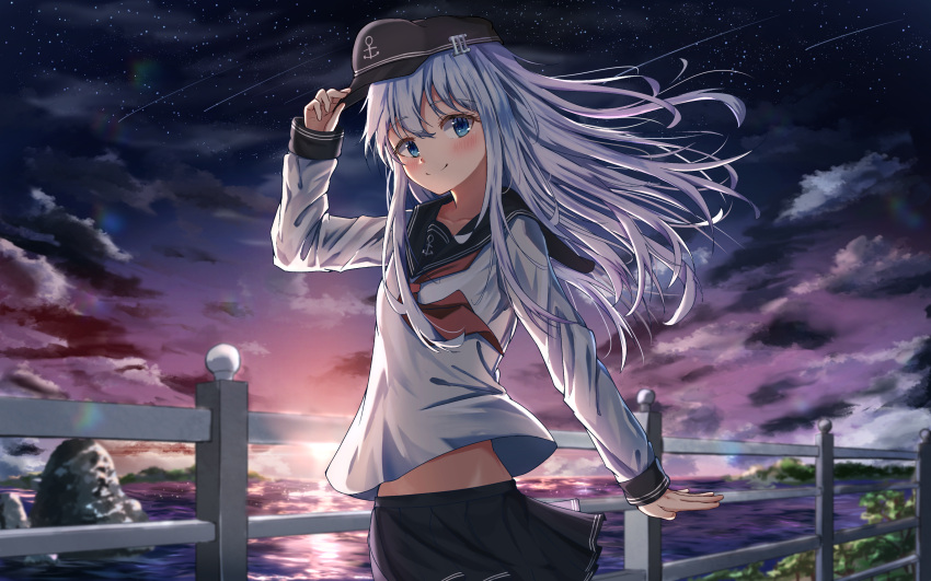 1girl absurdres anchor_symbol bangs black_skirt blue_eyes blush bush closed_mouth cloud cloudy_sky collarbone commentary_request cowboy_shot dfd english_commentary eyebrows eyebrows_visible_through_hair falling_star fence hat hibiki_(kancolle) highres holding holding_clothes holding_hat huge_filesize island kantai_collection long_hair long_sleeves messy_hair midriff midriff_peek neck_ribbon night night_sky ocean outstretched_arm partial_commentary pleated_skirt pose red_ribbon ribbon rock scenery school_uniform serafuku shiny shiny_clothes shirt shore sidelocks skirt sky smile solo standing star_(sky) sun sunset touching tree vegetation water wavy_hair white_hair white_shirt