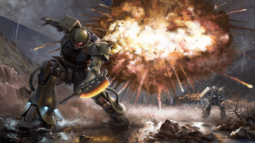 bad_end damaged debris defeat destruction dirty explosion glowing glowing_eye gundam heat_hawk highres jeffholy logo mecha mobile_suit mobile_suit_gundam one-eyed realistic role_reversal roundel rx-78-2 science_fiction severed_limb signature thrusters when_you_see_it wreckage zaku zeon
