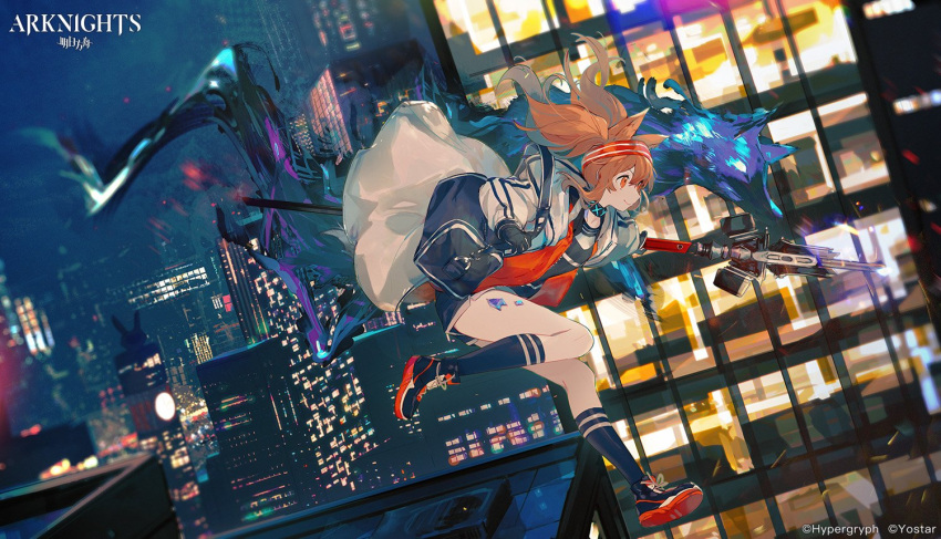 1girl angelina_(arknights) animal_ears arknights bag black_gloves black_shirt brown_hair building choker city_lights cityscape closed_mouth coat company_name copyright_name duffel_bag elite_ii_(arknights) english_commentary full_body gloves headband holding holding_staff jacket jumping long_hair looking_afar namie-kun open_clothes open_jacket oripathy_lesion_(arknights) outdoors red_jacket shirt shoes shorts shoulder_bag sidelocks skyscraper smile sneakers socks solo staff twintails white_coat wolf
