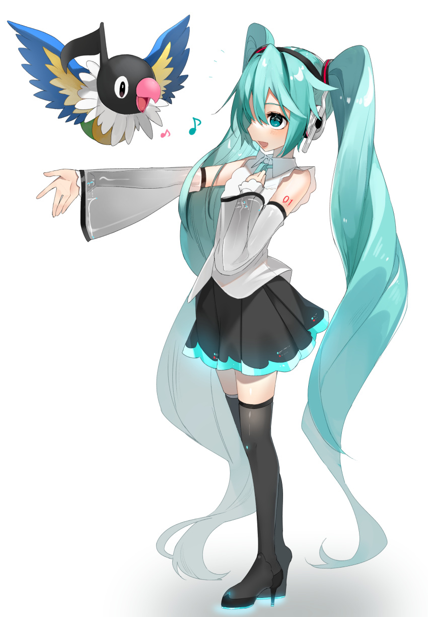 1girl :d absurdres arm_tattoo bangs bare_shoulders black_skirt blush boots chatot crossover detached_sleeves eyelashes full_body gen_4_pokemon green_eyes green_hair hair_tie hatsune_miku highres long_hair musical_note open_mouth outstretched_arm pleated_skirt pokemon pokemon_(creature) reirou_(chokoonnpu) shirt skirt sleeveless sleeveless_shirt smile standing symbol-only_commentary tattoo thigh_boots thighhighs tied_hair twintails very_long_hair vocaloid white_background