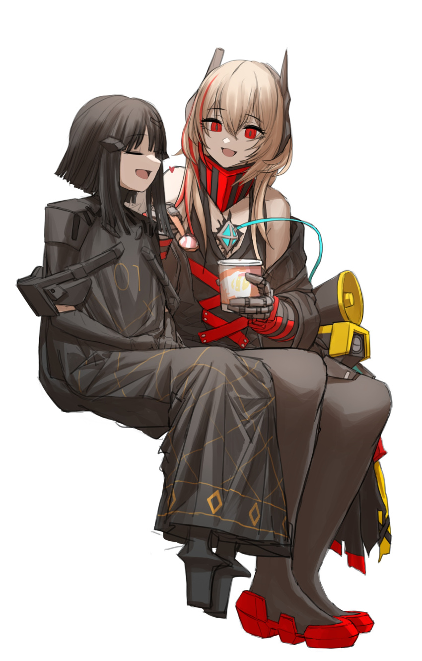 2girls absurdres anna_(girls'_frontline) banana_(girls'_frontline) bare_shoulders black_hair black_legwear cheogtanbyeong eyebrows_visible_through_hair girls'_frontline hair_between_eyes headgear heart highres holding holding_spoon ice_cream_cup invisible_chair light_brown_hair long_hair m4_sopmod_ii_(girls'_frontline) mod3_(girls'_frontline) multicolored_hair multiple_girls open_mouth paradeus red_eyes red_hair simple_background sitting spoon streaked_hair white_background