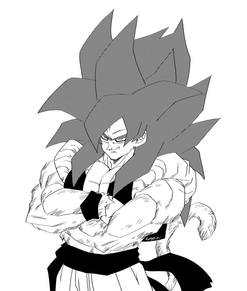 1boy bare_arms bare_pectorals closed_mouth commentary crossed_arms dragon_ball dragon_ball_gt english_commentary fenyon gogeta greyscale highres male_focus metamoran_vest monkey_boy monkey_tail monochrome muscular muscular_male obi pants pectorals sash signature simple_background smirk smug solo spiked_hair super_saiyan super_saiyan_4 tail white_background