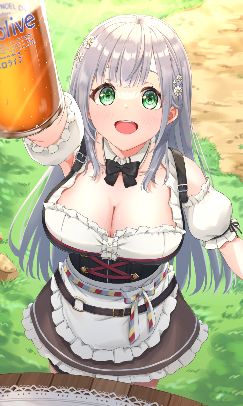 1girl :d alcohol apron bangs beer beer_mug black_bow black_neckwear blunt_bangs bow breasts cleavage commentary_request copyright_name cup detached_collar detached_sleeves dirndl flower from_above german_clothes grass green_eyes hair_flower hair_ornament highres holding holding_cup hololive large_breasts long_hair mitsuria_(kanesho1102) mug shirogane_noel smile solo table tablecloth teeth upper_teeth virtual_youtuber waist_apron white_hair