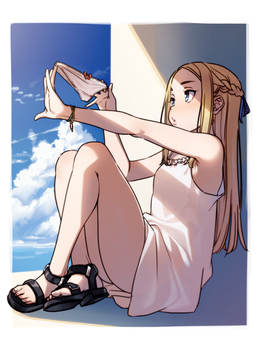 1girl absurdres bare_legs bare_shoulders barefoot_sandals black_footwear blonde_hair blue_eyes blue_ribbon blue_sky bow bow_panties braid breasts cloud cloudy_sky copyright_request crossed_ankles crown_braid cumulonimbus_cloud dress frills full_body hair_ribbon highres holding holding_clothes holding_panties holding_underwear kakaobataa long_hair looking_away outstretched_arm panties panties_removed ribbon sandals sidelocks sitting sky sleeveless sleeveless_dress small_breasts solo sundress underwear white_dress white_panties wristband