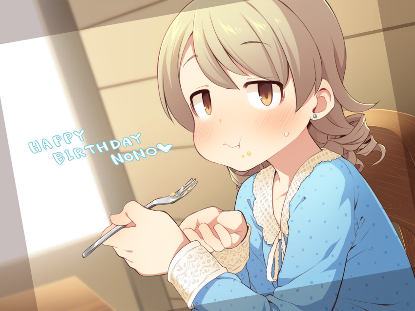 1girl :t bangs blue_shirt blush brown_eyes brown_hair chair character_name closed_mouth commentary_request earrings eating eyebrows_visible_through_hair food food_on_face fork happy_birthday holding holding_fork idolmaster idolmaster_cinderella_girls jewelry long_sleeves looking_at_viewer morikubo_nono neck_ribbon on_chair ribbon ringlets shirt solo stud_earrings sweat table uccow upper_body wavy_mouth white_ribbon