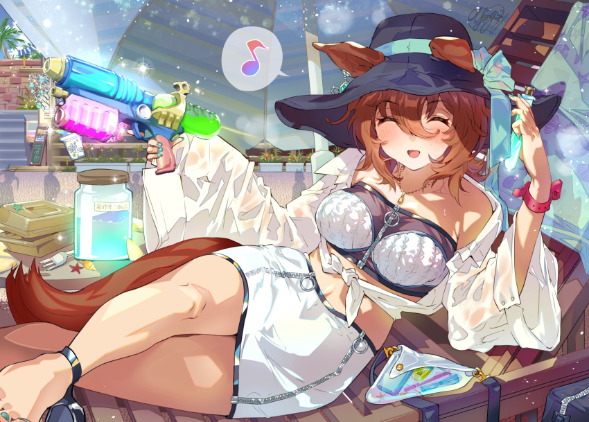 1girl ^_^ agnes_tachyon_(umamusume) alternate_costume animal_ears bag barefoot black_headwear blush bracelet breasts closed_eyes collarbone collared_jacket commentary hat highres holding holding_water_gun horse_ears horse_girl jacket jar jewelry medium_breasts musical_note necklace ogino_atsuki skirt solo spoken_musical_note trigger_discipline umamusume water_gun white_jacket white_skirt