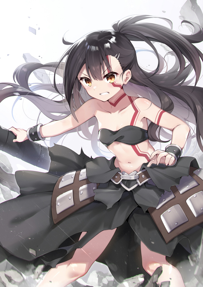 1girl absurdres bandeau bangs bare_shoulders black_hair blush body_markings bracelet breasts brown_eyes collarbone cosplay fate/kaleid_liner_prisma_illya fate_(series) faulds greatsword hair_ornament hairclip heracles_(fate) heracles_(fate)_(cosplay) highres jewelry long_hair looking_at_viewer miyu_edelfelt navel ponytail small_breasts taro_(ultrataro) thighs