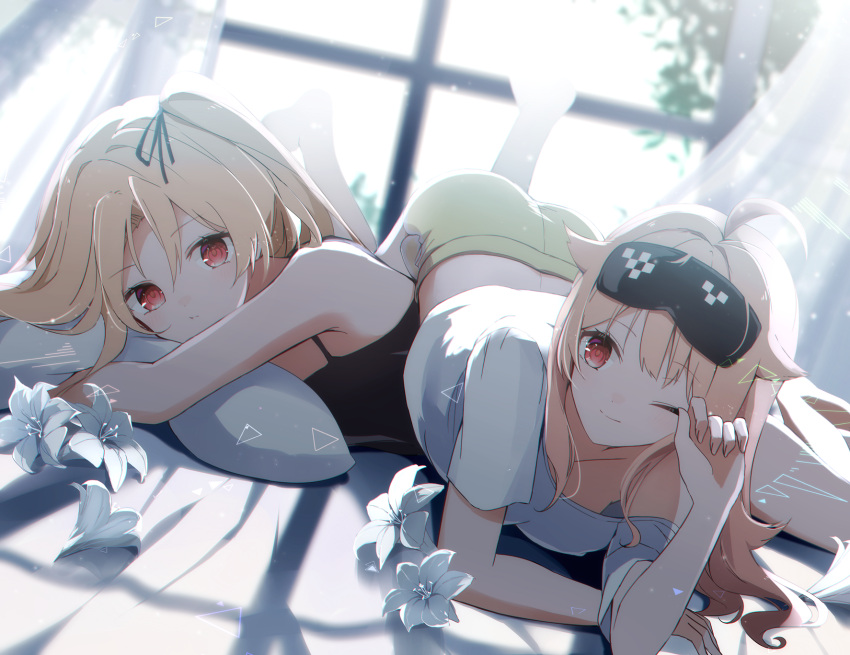 1girl a.a_(aa772) ahoge alternate_costume azur_lane bare_shoulders blonde_hair camisole cleveland_(azur_lane) columbia_(azur_lane) curtains flower hair_ribbon hand_up highres legs_up long_hair on_bed on_person one_eye_closed one_side_up pillow pillow_hug red_eyes ribbon rubbing_eyes shirt shorts siblings sisters sleep_mask white_flower white_shirt window