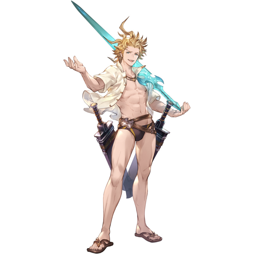 1boy abs ahoge bare_legs blonde_hair brown_male_swimwear granblue_fantasy jewelry looking_at_viewer male_focus male_swimwear navel necklace official_art open_clothes open_mouth open_shirt over_shoulder pectorals popped_collar sandals sheath sheathed shirt short_sleeves siete smile solo standing swim_briefs sword sword_over_shoulder teeth transparent_background wavy_hair weapon weapon_over_shoulder white_shirt