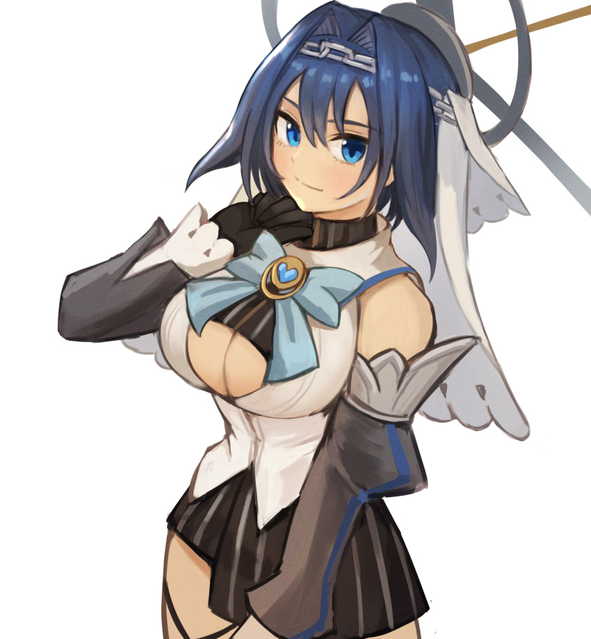 1girl absurdres bare_shoulders blue_eyes blue_hair blush breasts cleavage closed_mouth clothing_cutout cowboy_shot detached_sleeves gloves hair_between_eyes hair_intakes hand_on_own_chin hand_up head_chain highres hololive hololive_english large_breasts light_smile long_hair looking_at_viewer ouro_kronii simple_background skirt sleeveless sookmo tight_top tsurime underboob_cutout veil virtual_youtuber white_background